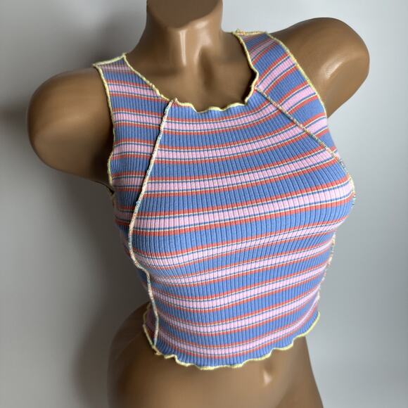 Pretty Garbage Striped Lettuce Hem Y2K Indie Crop Top Small Ribbed Stretch ALT - Picture 1 of 10